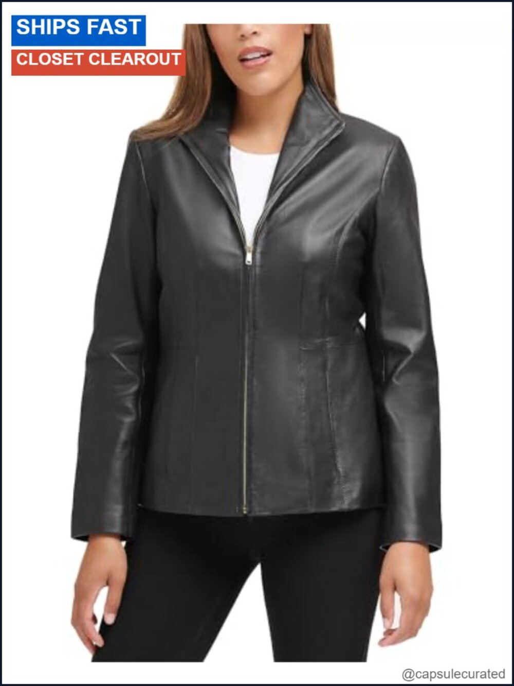 Genuine Leather Wing Collared Jacket Tailored Zip Closure Lined